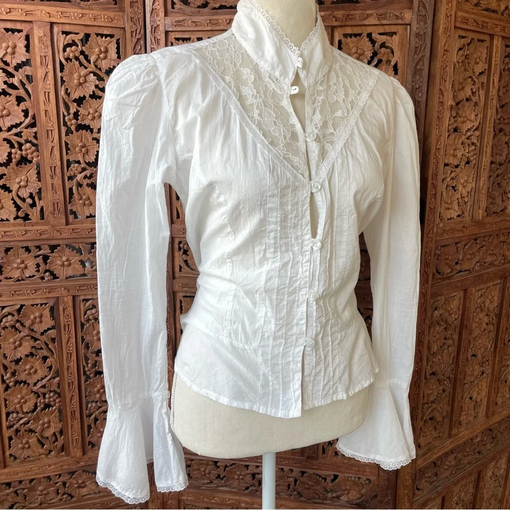 Victorian-Inspired Western White Cotton Lace High-Neck Button Down bell sleeve - Picture 9 of 13